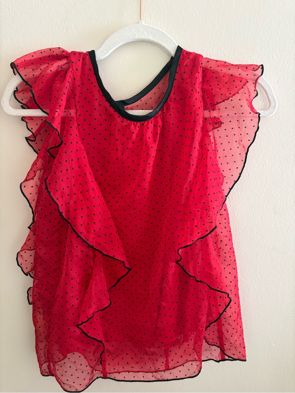 Ally B Red Sheer Ruffle Blouse with Black Trim